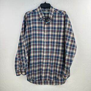 Vintage‎ Cambridge & Adams Shirt Mens L Blue Green Plaid Button Down Long Sleeve